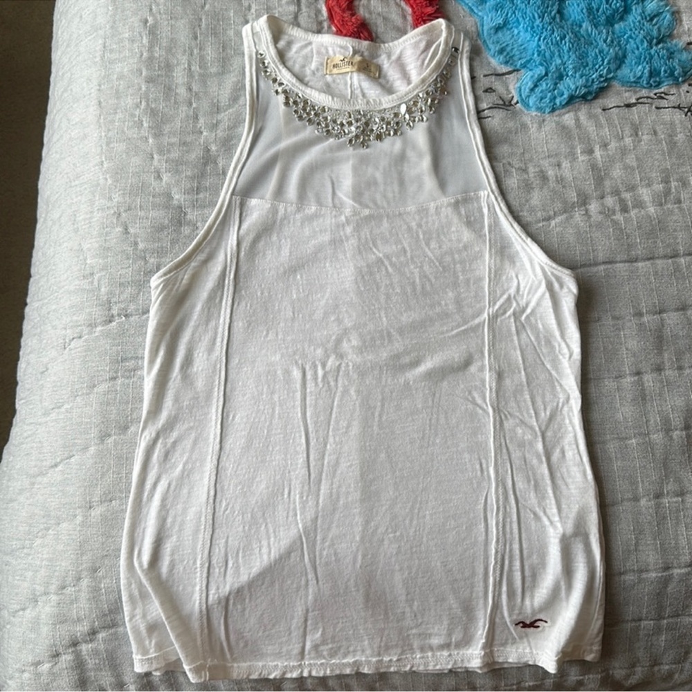 Hollister White Sleeveless Top with Embellished Neckline